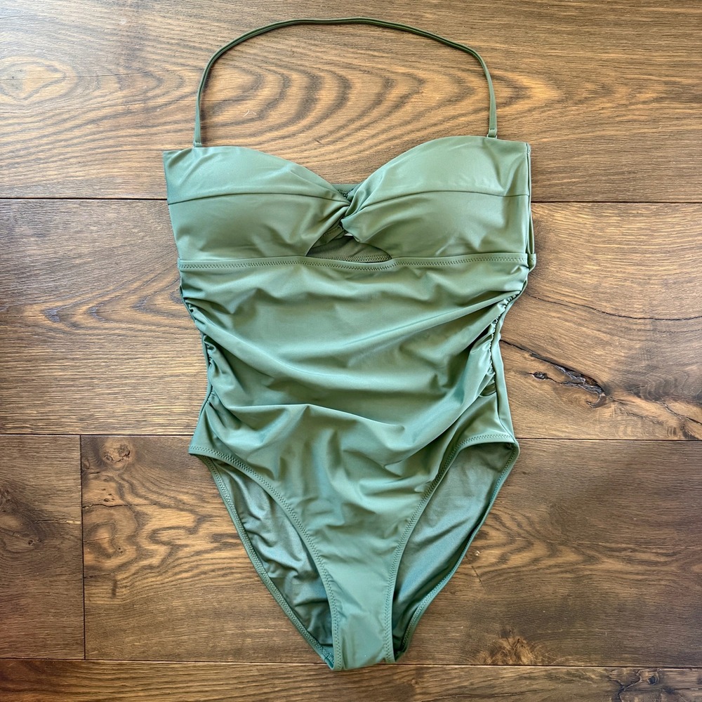 J Crew NWT Gemma Ruched Bandeau Cutout One-Piece Swimsuit 14 Sage Green‎ Resort